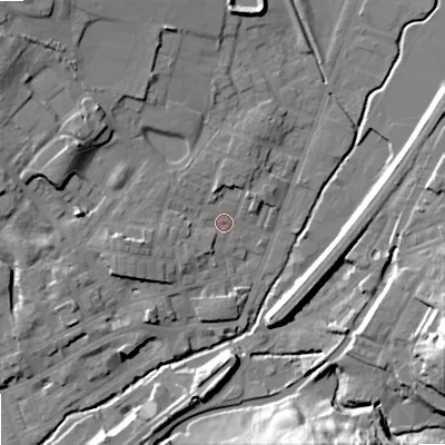 Shaded relief map of the ground around OL159DL, computed from Environment Agency LiDAR. The ground here sits at about 145 m above sea level and falls 32 m across the surrounding 800 m. Surface water reaching this point runs off ground lying to the west-south-west, 5.4 m higher.