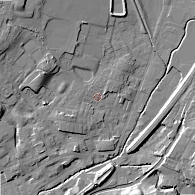 Shaded relief map of the ground around OL159DP, computed from Environment Agency LiDAR. The ground here sits at about 146 m above sea level and falls 20 m across the surrounding 800 m. Surface water reaching this point runs off ground lying to the south-west, 4.6 m higher.