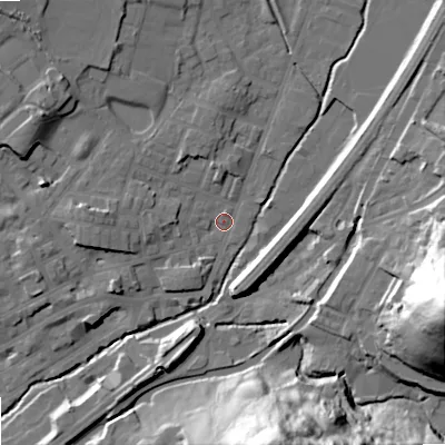 Shaded relief map of the ground around OL159DQ, computed from Environment Agency LiDAR. The ground here sits at about 144 m above sea level and falls 61 m across the surrounding 800 m. Surface water reaching this point runs off ground lying to the north-west, 11.6 m higher.