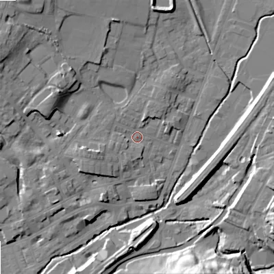 Shaded relief map of the ground around OL159DR, computed from Environment Agency LiDAR. The ground here sits at about 145 m above sea level and falls 28 m across the surrounding 800 m. Surface water reaching this point runs off ground lying to the west-south-west, 5.0 m higher.