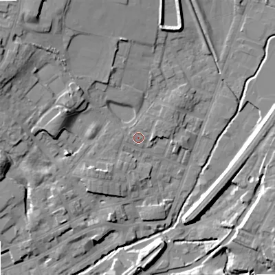 Shaded relief map of the ground around OL159DU, computed from Environment Agency LiDAR. The ground here sits at about 147 m above sea level and falls 20 m across the surrounding 800 m. Surface water reaching this point runs off ground lying to the west, 1.1 m higher.