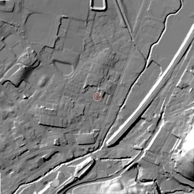 Shaded relief map of the ground around OL159DW, computed from Environment Agency LiDAR. The ground here sits at about 145 m above sea level and falls 48 m across the surrounding 800 m. Surface water reaching this point runs off ground lying to the north-west, 3.7 m higher.