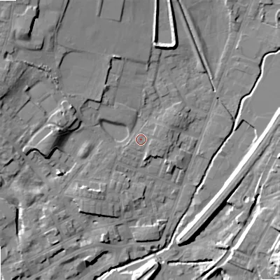 Shaded relief map of the ground around OL159DX, computed from Environment Agency LiDAR. The ground here sits at about 147 m above sea level and falls 20 m across the surrounding 800 m. Surface water reaching this point runs off ground lying to the east-north-east, 1.6 m higher.