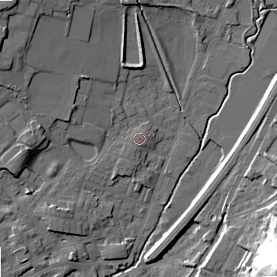 Shaded relief map of the ground around OL159DZ, computed from Environment Agency LiDAR. The ground here sits at about 148 m above sea level and falls 57 m across the surrounding 800 m. The ground contributing surface water to this point lies to the south-west.