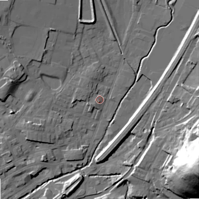 Shaded relief map of the ground around OL159EA, computed from Environment Agency LiDAR. The ground here sits at about 146 m above sea level and falls 66 m across the surrounding 800 m. Surface water reaching this point runs off ground lying to the north-west, 12.1 m higher.