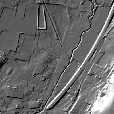 Shaded relief map of the ground around OL159EB, computed from Environment Agency LiDAR. The ground here sits at about 145 m above sea level and falls 70 m across the surrounding 800 m. Surface water reaching this point runs off ground lying to the north-west, 14.0 m higher.