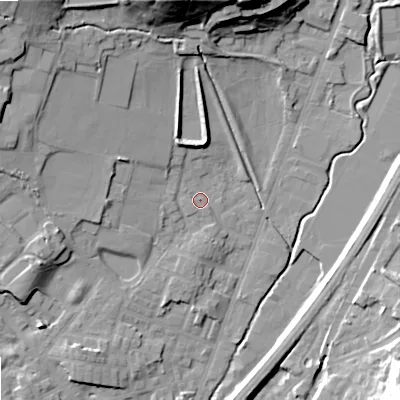 Shaded relief map of the ground around OL159ED, computed from Environment Agency LiDAR. The ground here sits at about 146 m above sea level and falls 35 m across the surrounding 800 m. Surface water reaching this point runs off ground lying to the north, 29.2 m higher.