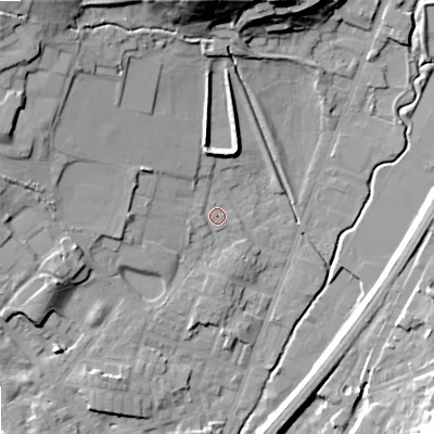 Shaded relief map of the ground around OL159EE, computed from Environment Agency LiDAR. The ground here sits at about 147 m above sea level and falls 30 m across the surrounding 800 m. Surface water reaching this point runs off ground lying to the west, 1.2 m higher.