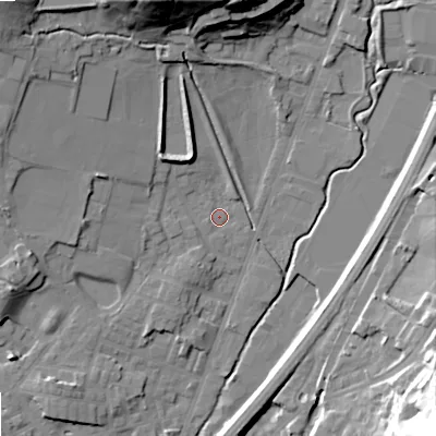 Shaded relief map of the ground around OL159EF, computed from Environment Agency LiDAR. The ground here sits at about 146 m above sea level and falls 58 m across the surrounding 800 m. Surface water reaching this point runs off ground lying to the north-north-west, 31.3 m higher.