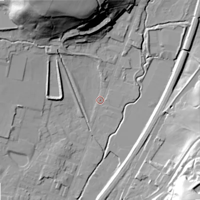 Shaded relief map of the ground around OL159EG, computed from Environment Agency LiDAR. The ground here sits at about 146 m above sea level and falls 55 m across the surrounding 800 m. Surface water reaching this point runs off ground lying to the north-north-west, 50.0 m higher.