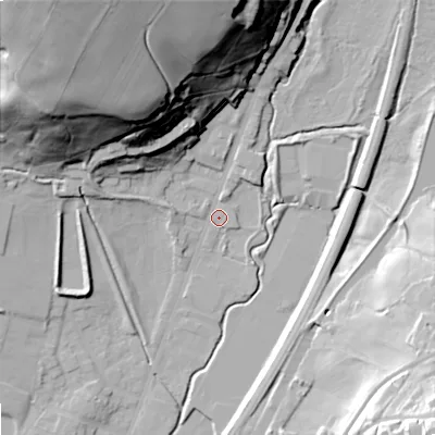 Shaded relief map of the ground around OL159EL, computed from Environment Agency LiDAR. The ground here sits at about 147 m above sea level and falls 67 m across the surrounding 800 m. Surface water reaching this point runs off ground lying to the north-west, 63.7 m higher.