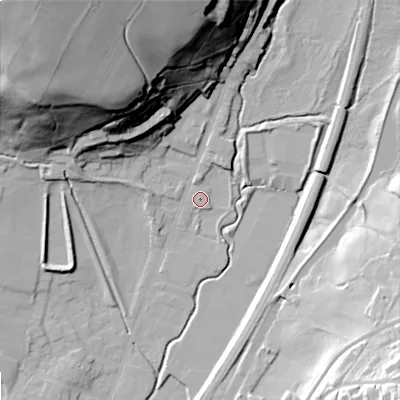 Shaded relief map of the ground around OL159EN, computed from Environment Agency LiDAR. The ground here sits at about 148 m above sea level and falls 67 m across the surrounding 800 m. Surface water reaching this point runs off ground lying to the east-south-east, 1.0 m higher.