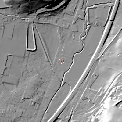 Shaded relief map of the ground around OL159EQ, computed from Environment Agency LiDAR. The ground here sits at about 146 m above sea level and falls 63 m across the surrounding 800 m. Surface water reaching this point runs off ground lying to the north-north-west, 41.9 m higher.