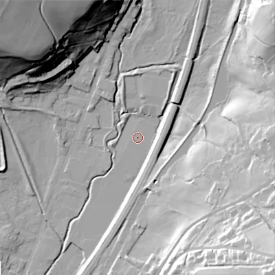 Shaded relief map of the ground around OL159FG, computed from Environment Agency LiDAR. The ground here sits at about 147 m above sea level and falls 62 m across the surrounding 800 m. Surface water reaching this point runs off ground lying to the east-south-east, 0.6 m higher.