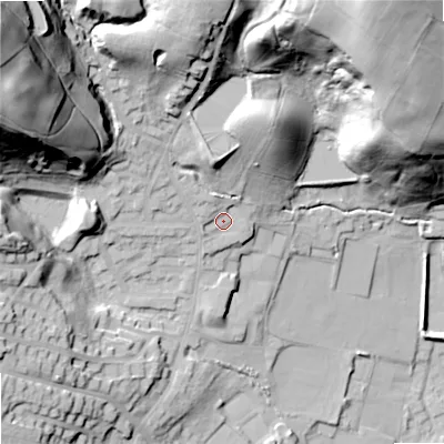 Shaded relief map of the ground around OL159HN, computed from Environment Agency LiDAR. The ground here sits at about 161 m above sea level and falls 71 m across the surrounding 800 m. Surface water reaching this point runs off ground lying to the north, 34.8 m higher.