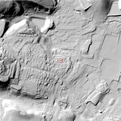 Shaded relief map of the ground around OL159HT, computed from Environment Agency LiDAR. The ground here sits at about 162 m above sea level and falls 68 m across the surrounding 800 m. Surface water reaching this point runs off ground lying to the west, 13.8 m higher.