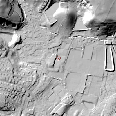 Shaded relief map of the ground around OL159HW, computed from Environment Agency LiDAR. The ground here sits at about 156 m above sea level and falls 62 m across the surrounding 800 m. Surface water reaching this point runs off ground lying to the north-west, 4.9 m higher.