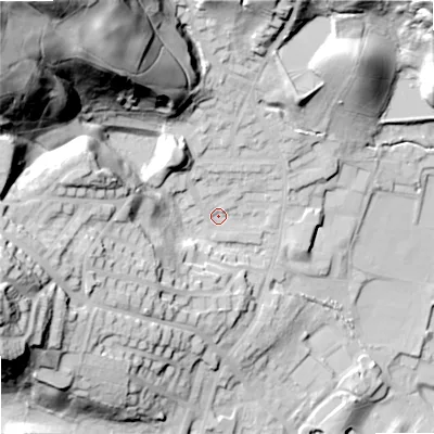 Shaded relief map of the ground around OL159JE, computed from Environment Agency LiDAR. The ground here sits at about 158 m above sea level and falls 80 m across the surrounding 800 m. Surface water reaching this point runs off ground lying to the north-west, 67.5 m higher.