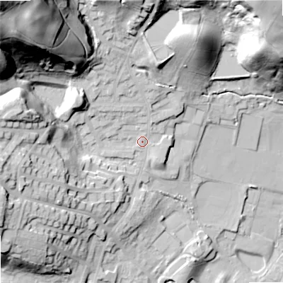 Shaded relief map of the ground around OL159JG, computed from Environment Agency LiDAR. The ground here sits at about 159 m above sea level and falls 76 m across the surrounding 800 m. Surface water reaching this point runs off ground lying to the north-west, 63.0 m higher.