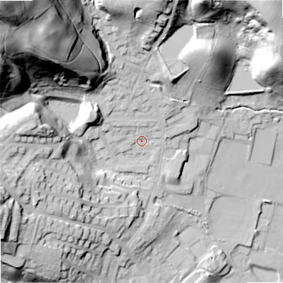 Shaded relief map of the ground around OL159JL, computed from Environment Agency LiDAR. The ground here sits at about 159 m above sea level and falls 87 m across the surrounding 800 m. Surface water reaching this point runs off ground lying to the north-west, 73.5 m higher.