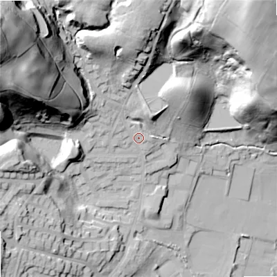 Shaded relief map of the ground around OL159JN, computed from Environment Agency LiDAR. The ground here sits at about 164 m above sea level and falls 76 m across the surrounding 800 m. Surface water reaching this point runs off ground lying to the north-north-west, 3.3 m higher.