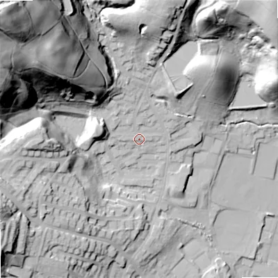 Shaded relief map of the ground around OL159JP, computed from Environment Agency LiDAR. The ground here sits at about 162 m above sea level and falls 88 m across the surrounding 800 m. Surface water reaching this point runs off ground lying to the north-west, 72.6 m higher.