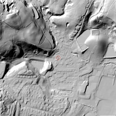 Shaded relief map of the ground around OL159JR, computed from Environment Agency LiDAR. The ground here sits at about 165 m above sea level and falls 88 m across the surrounding 800 m. Surface water reaching this point runs off ground lying to the north-west, 65.5 m higher.