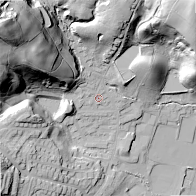 Shaded relief map of the ground around OL159JS, computed from Environment Agency LiDAR. The ground here sits at about 164 m above sea level and falls 86 m across the surrounding 800 m. Surface water reaching this point runs off ground lying to the north-west, 71.2 m higher.