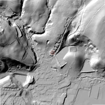 Shaded relief map of the ground around OL159JW, computed from Environment Agency LiDAR. The ground here sits at about 175 m above sea level and falls 79 m across the surrounding 800 m. Surface water reaching this point runs off ground lying to the north-north-east, 20.3 m higher.