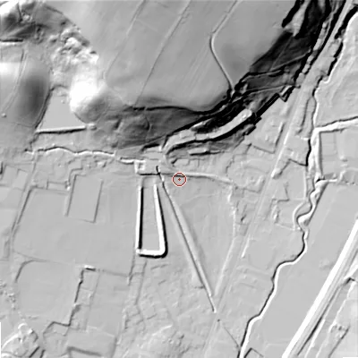 Shaded relief map of the ground around OL159JY, computed from Environment Agency LiDAR. The ground here sits at about 150 m above sea level and falls 69 m across the surrounding 800 m. Surface water reaching this point runs off ground lying to the north-north-west, 60.8 m higher.