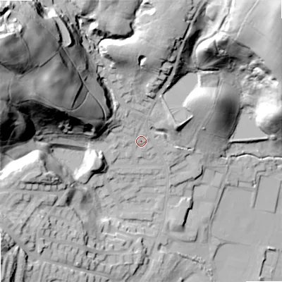 Shaded relief map of the ground around OL159LB, computed from Environment Agency LiDAR. The ground here sits at about 165 m above sea level and falls 86 m across the surrounding 800 m. Surface water reaching this point runs off ground lying to the north-west, 70.1 m higher.