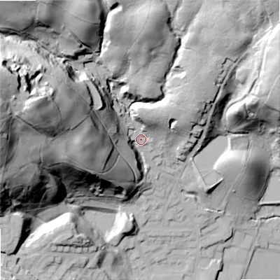 Shaded relief map of the ground around OL159NY, computed from Environment Agency LiDAR. The ground here sits at about 172 m above sea level and falls 87 m across the surrounding 800 m. Surface water reaching this point runs off ground lying to the west-north-west, 70.3 m higher.