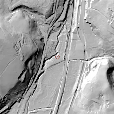 Shaded relief map of the ground around OL159PQ, computed from Environment Agency LiDAR. The ground here sits at about 155 m above sea level and falls 77 m across the surrounding 800 m. Surface water reaching this point runs off ground lying to the west-north-west, 71.8 m higher.