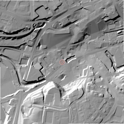 Shaded relief map of the ground around OL161AE, computed from Environment Agency LiDAR. The ground here sits at about 120 m above sea level and falls 30 m across the surrounding 800 m. Surface water reaching this point runs off ground lying to the south-south-east, 28.5 m higher.