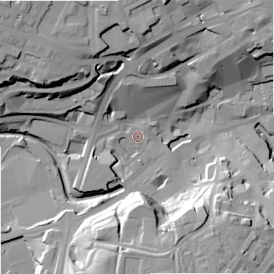 Shaded relief map of the ground around OL161AT, computed from Environment Agency LiDAR. The ground here sits at about 120 m above sea level and falls 32 m across the surrounding 800 m. Surface water reaching this point runs off ground lying to the north, 11.7 m higher.