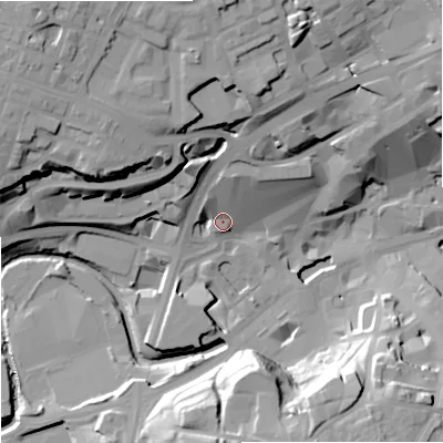 Shaded relief map of the ground around OL161AW, computed from Environment Agency LiDAR. The ground here sits at about 123 m above sea level and falls 34 m across the surrounding 800 m. Surface water reaching this point runs off ground lying to the north, 9.4 m higher.