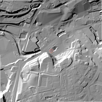 Shaded relief map of the ground around OL161AZ, computed from Environment Agency LiDAR. The ground here sits at about 121 m above sea level and falls 30 m across the surrounding 800 m. Surface water reaching this point runs off ground lying to the south, 27.2 m higher.