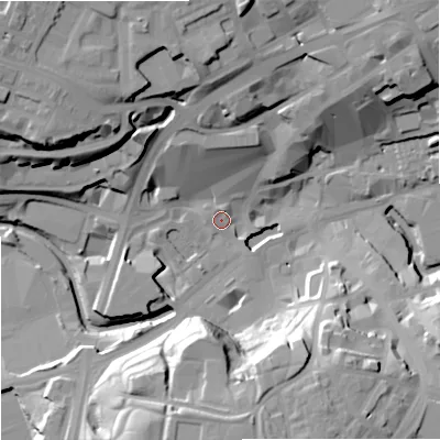 Shaded relief map of the ground around OL161BA, computed from Environment Agency LiDAR. The ground here sits at about 120 m above sea level and falls 31 m across the surrounding 800 m. Surface water reaching this point runs off ground lying to the south-south-east, 28.2 m higher.