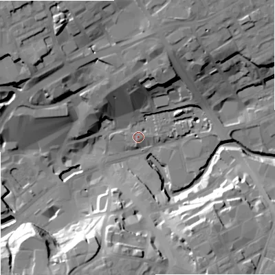 Shaded relief map of the ground around OL161BE, computed from Environment Agency LiDAR. The ground here sits at about 122 m above sea level and falls 29 m across the surrounding 800 m. Surface water reaching this point runs off ground lying to the north-north-east, 19.4 m higher.