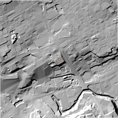 Shaded relief map of the ground around OL161BG, computed from Environment Agency LiDAR. The ground here sits at about 137 m above sea level and falls 38 m across the surrounding 800 m. Surface water reaching this point runs off ground lying to the north-north-east, 2.3 m higher.