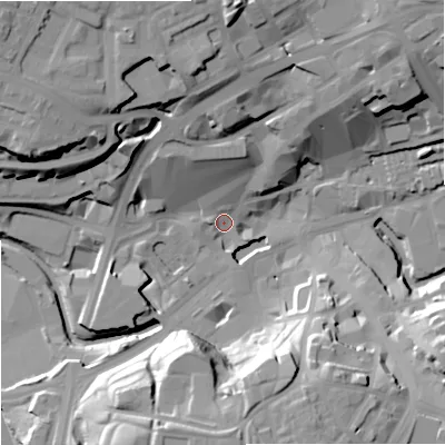 Shaded relief map of the ground around OL161BH, computed from Environment Agency LiDAR. The ground here sits at about 120 m above sea level and falls 31 m across the surrounding 800 m. Surface water reaching this point runs off ground lying to the north, 28.1 m higher.