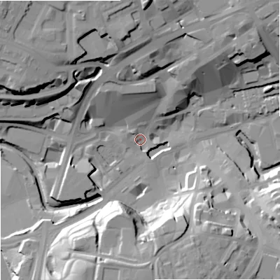 Shaded relief map of the ground around OL161BL, computed from Environment Agency LiDAR. The ground here sits at about 119 m above sea level and falls 31 m across the surrounding 800 m. Surface water reaching this point runs off ground lying to the south-south-east, 28.2 m higher.