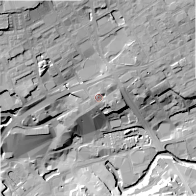 Shaded relief map of the ground around OL161DR, computed from Environment Agency LiDAR. The ground here sits at about 137 m above sea level and falls 38 m across the surrounding 800 m. Surface water reaching this point runs off ground lying to the north-north-east, 4.7 m higher.