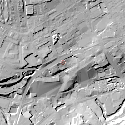 Shaded relief map of the ground around OL161DZ, computed from Environment Agency LiDAR. The ground here sits at about 135 m above sea level and falls 42 m across the surrounding 800 m. Surface water reaching this point runs off ground lying to the west-north-west, 9.1 m higher.