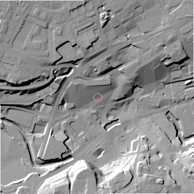 Shaded relief map of the ground around OL161EA, computed from Environment Agency LiDAR. The ground here sits at about 124 m above sea level and falls 32 m across the surrounding 800 m. Surface water reaching this point runs off ground lying to the north-north-east, 8.2 m higher.