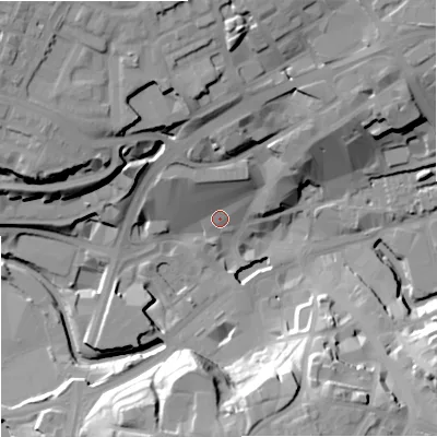 Shaded relief map of the ground around OL161EB, computed from Environment Agency LiDAR. The ground here sits at about 123 m above sea level and falls 32 m across the surrounding 800 m. Surface water reaching this point runs off ground lying to the north, 9.5 m higher.
