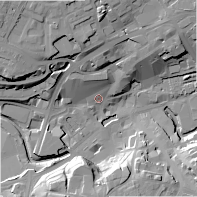Shaded relief map of the ground around OL161ED, computed from Environment Agency LiDAR. The ground here sits at about 122 m above sea level and falls 32 m across the surrounding 800 m. Surface water reaching this point runs off ground lying to the north, 10.3 m higher.