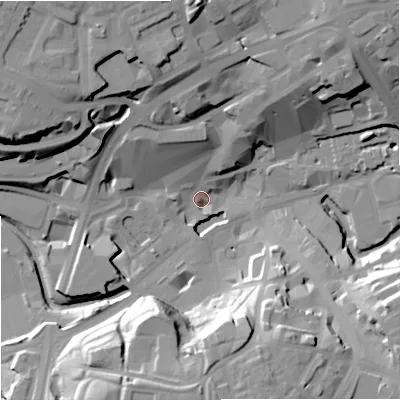 Shaded relief map of the ground around OL161EE, computed from Environment Agency LiDAR. The ground here sits at about 119 m above sea level and falls 31 m across the surrounding 800 m. Surface water reaching this point runs off ground lying to the north, 28.1 m higher.