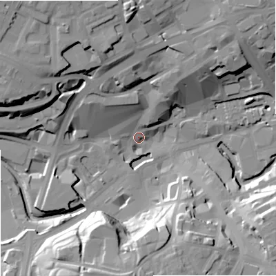 Shaded relief map of the ground around OL161EG, computed from Environment Agency LiDAR. The ground here sits at about 120 m above sea level and falls 31 m across the surrounding 800 m. Surface water reaching this point runs off ground lying to the north, 28.1 m higher.