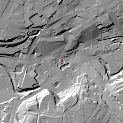Shaded relief map of the ground around OL161EJ, computed from Environment Agency LiDAR. The ground here sits at about 119 m above sea level and falls 30 m across the surrounding 800 m. Surface water reaching this point runs off ground lying to the south-south-east, 28.2 m higher.